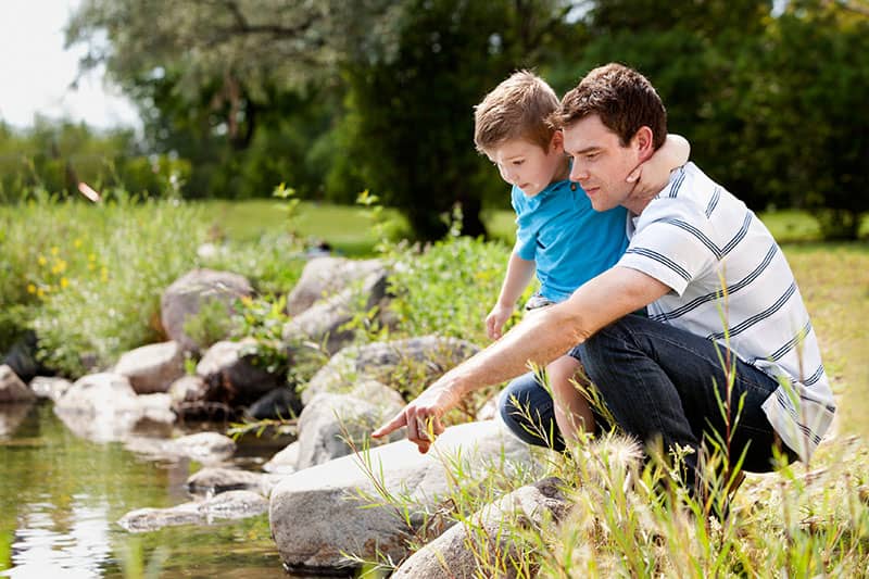 adult and child looking at a stream