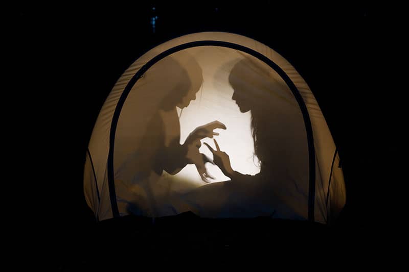 people making shadow puppets in a tent